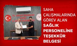 Saha Çalışmalarında Görev Alan Sağlık Personeline Teşekkür Belgesi